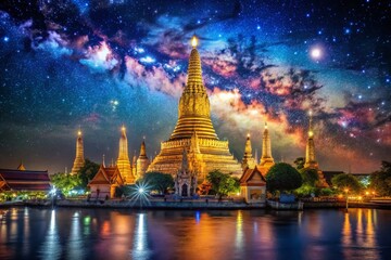 Majestic Double Exposure of Wat Arun at Night with a Stunning Atmosphere Showcasing the Temple's Beauty and Surrounding City Lights in Bangkok, Thailand