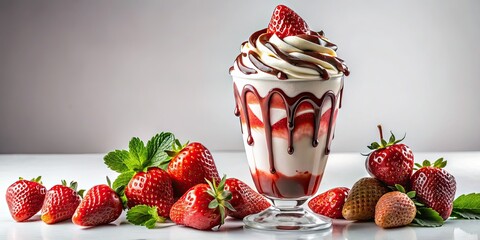 Surreal Strawberry Milkshake with Whipped Cream and Chocolate on White Background - Dreamy Dessert Photography