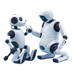 A robotic pet interacting with a human isolated on a solid colour background.