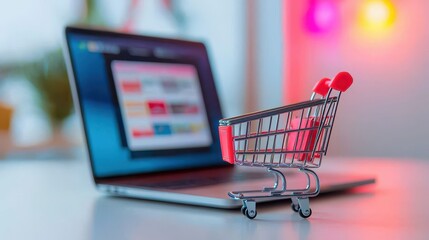 A shopping cart is placed in front of a laptop, symbolizing online shopping and e-commerce in a colorful, modern workspace.