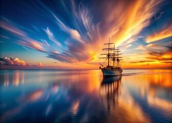 Fototapeta premium Majestic Long Exposure of a Master Mariner Navigating Through a Serene Ocean at Sunset, Showcasing Smooth Water Reflection and Dramatic Sky in Soft Tones