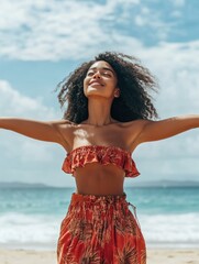 Healthy black woman standing on the beach with copy space. Happy young african american woman with open arms at seaside. Freedom girl dancing and daydreaming at beach during summer vacation.