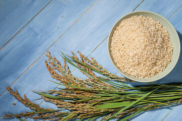 A bowl of brown raw rice is placed on a blue table next to a ears of rice.The bowl is filled with raw-rice.