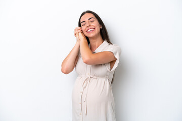 Young caucasian woman isolated on white background pregnant and happy