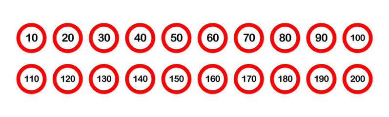 Speed limit icon set for 10, 20, 30, 40, 50, 60, 70, 80, 90, 100, 110, 120, 130, 140, 150, 160, 170, 180, 190 and 200 kilometer per hour vector isolated on white background.