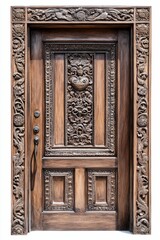 Ornate wooden door, deeply carved, detailed frame.