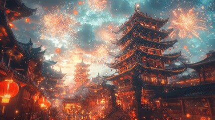 Vibrant celebration with fireworks over traditional buildings at dusk