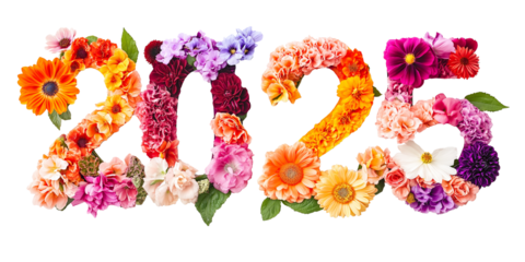 colorful flowers forming the number 2025, new year creative decoration design. cutout PNG