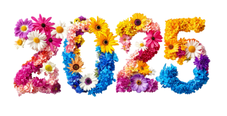 colorful flowers forming the number 2025, new year creative decoration design. cutout PNG