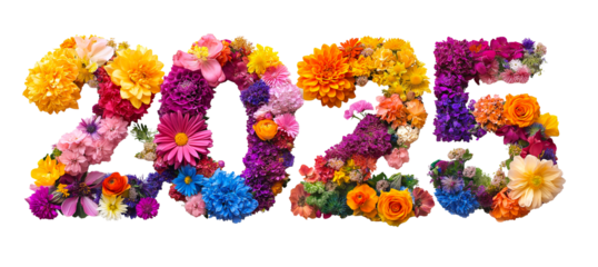 number 2025 made of beautiful colorful flowers, new year creative decoration design. cutout PNG