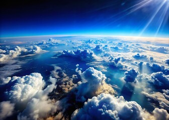 Fototapeta premium Majestic View of the Beautiful Blue Sky with White Clouds Above Planet Earth, Captured from an Airplane or Satellite, Showcasing the Atmosphere and Stratosphere Layers of Our World