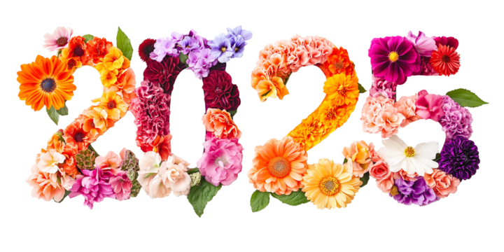 colorful flowers forming the number 2025, new year creative decoration design. cutout PNG - Powered by Adobe