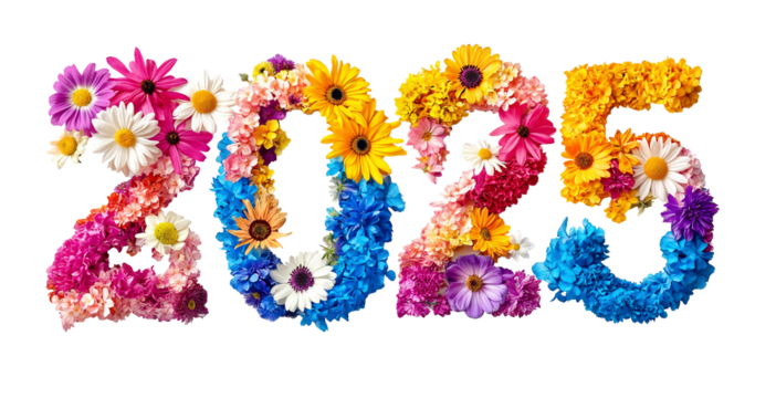 colorful flowers forming the number 2025, new year creative decoration design. cutout PNG - Powered by Adobe