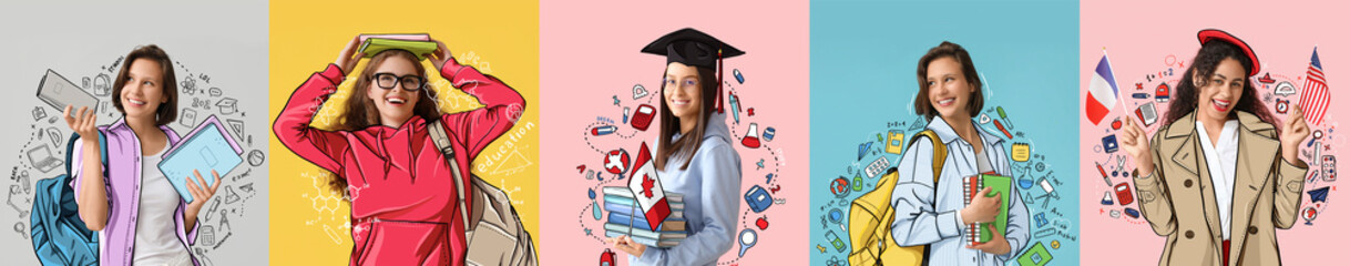 Set of female students in drawn clothes on color background