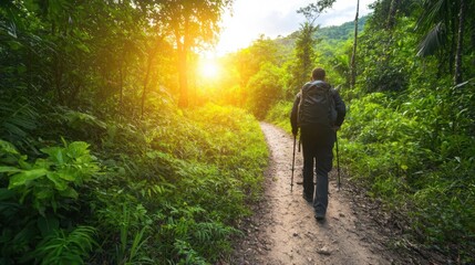 Fototapeta premium Scenic Hiking Path in Lush Green Jungle with a Hiker Against a Beautiful Sunrise Landscape