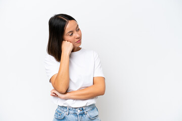 Young caucasian woman isolated on white background with tired and bored expression