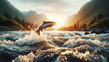 A salmon leaping out of a river at sunrise, surrounded by splashes of water in a pristine natural setting