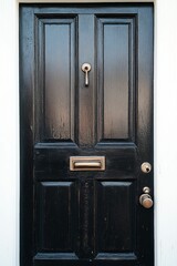 Dark wooden door, metallic fixtures, white frame.