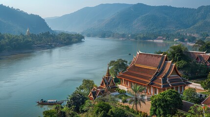 Naklejka premium A serene riverside view featuring traditional architecture, lush greenery, and mountains in the background, showcasing natural beauty and cultural heritage.