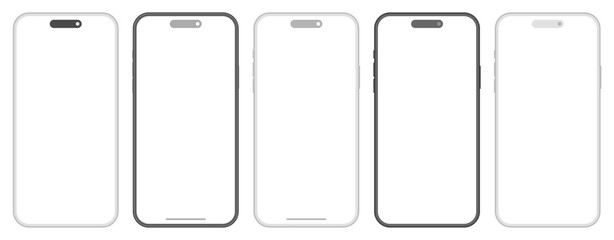Modern smartphone devices transparent screen mockup PNG template set. Black gray frame mobile phones with blank display for user interface design