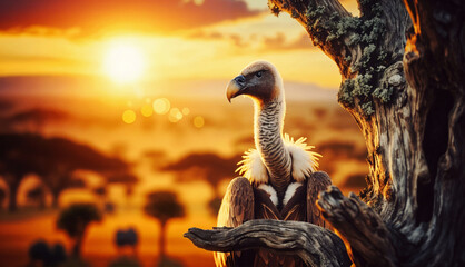 A vulture perched on a tree, overlooking a golden savanna at sunset, exuding majestic beauty