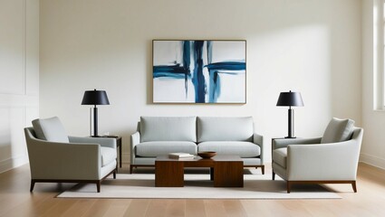 Japandi inspired minimalist living room with abstract artwork.