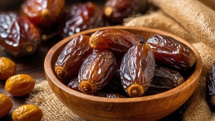 Closeup delicious Kurma Tunisia or sweet dried date palm fruits on wooden bowl. Much sought after during Ramadan to break the fast.
