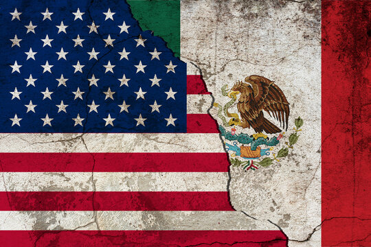 United States and Mexico flag ripped paper grunge background. Abstract USA and Mexico economics, politics conflicts concept texture background