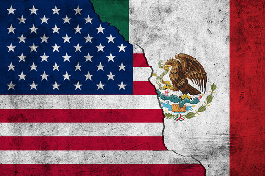United States and Mexico flag ripped paper grunge background. Abstract USA and Mexico economics, politics conflicts concept texture background