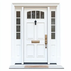 Fototapeta premium White door, sidelights, decorative trim, doormat.