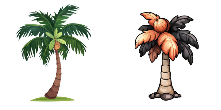 Cartoon palm trees with exaggerated coconuts, one green and one black vibrant colors tropical design playful style cartoonish appearance nature theme summer vibes whimsical art digital illustration