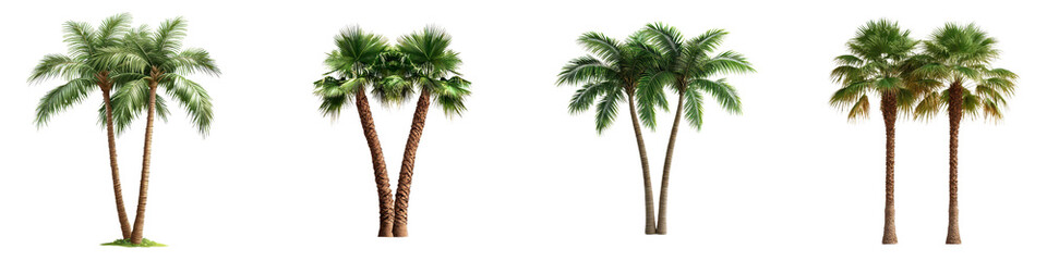 Obraz premium Tall palm trees with lush green fronds, showcasing various trunk styles and colors, create tropical atmosphere. Perfect for enhancing outdoor spaces or landscapes