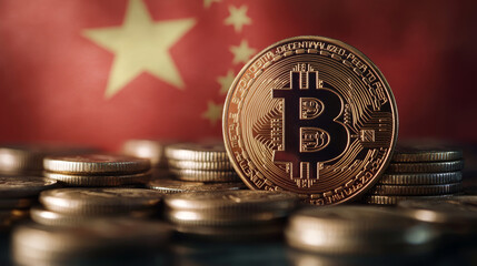 3d illustration of bitcoin over coins stacks background with china flag 