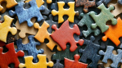 Fototapeta premium Colorful wooden jigsaw puzzle pieces scattered on a surface.