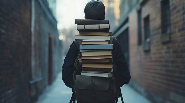 Student carrying a heavy backpack full of books