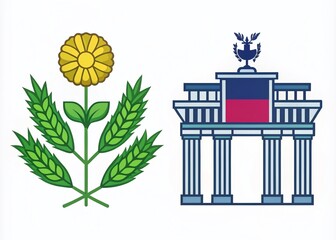 Obraz premium Minimalist Conceptual Illustration of the Contrast Between Germany and Scotland on a White Background Featuring Iconic Elements and Symbols Representing Both Cultures