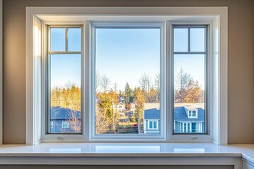 Obraz premium White-framed window, neighborhood view, quartz countertop.