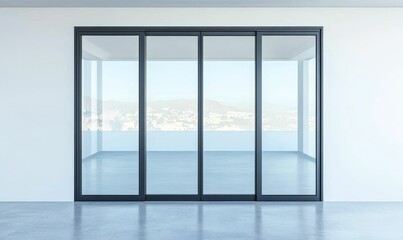 Fototapeta premium Sliding glass doors reveal distant landscape.