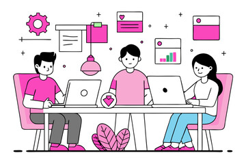 A group of software developers working on code in a tech startup office