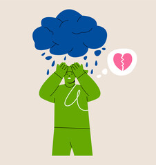 Woman standing under a rain with a broken heart. Colorful vector illustration