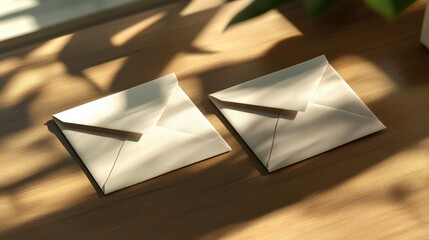 Two Elegant Cream Envelopes Resting on a Wooden Surface Bathed in Warm Sunlight, Casting Delicate Leaf Shadows