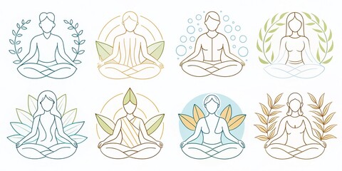 Naklejka premium Minimalist Line Illustrations of Meditating Figures Surrounded by Nature and Spiritual Elements for Mindfulness and Wellness Themes