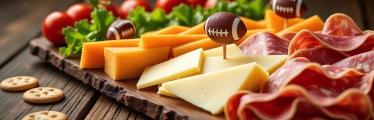 A delicious charcuterie board featuring cheese, meats, and mini football decorations perfect for game day snacks