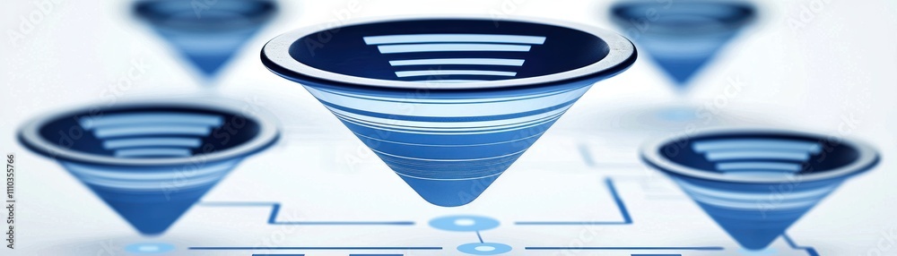 Poster abstract graphic design featuring blue funnel shapes, symbolizing data flow or processing in a digit