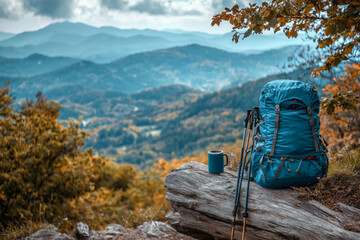 A backpack and trekking poles rest against a rustic log, alongside a mug, overlooking a scenic mountain view. The setup captures the essence of a peaceful hiking