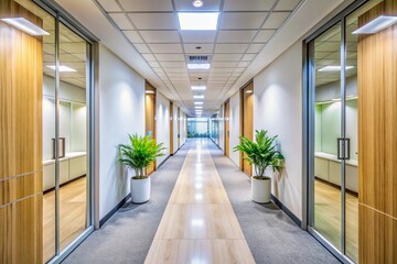 Obraz premium Minimalist Office Corridor with Neutral Decor and Deep Depth of Field, Emphasizing Copy Space and Focus on Objects for Modern Workspaces