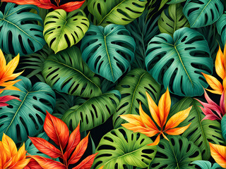 Naklejka premium pattern with tropical monstera leaves.