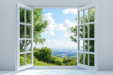 Obraz premium Open window, scenic view, trees, sky, city.