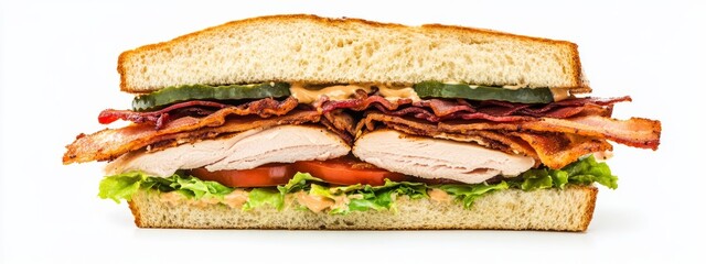 A classic turkey club sandwich with roasted turkey, crispy bacon, lettuce