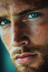 Close-up portrait of a muscular man with striking blue eyes